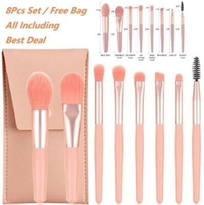 8Pcs Makeup Brush Set Tool Foundation Blush Eyeshadow Lip Brushes Make Up Bag