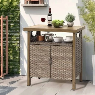 Patio Storage Cabinet Outdoor Wicker Rattan Bar Counter Table Organizer w/2Doors - Image 1 of 4