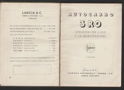 LANCIA AUTOCARRO 3 RO 3RO ISTRUZIONI PER L'USO E LA MANUTENZIONE MANUALE 1938 - Immagine 1 di 2