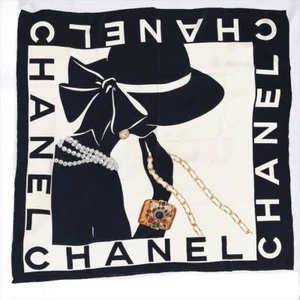 CHANEL Large Scarf Silk Women's Mademoiselle Black White 87cm x 85cm From Japan - Picture 1 of 8