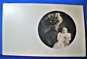 RPPC Real Photo Postcard Young Mother in Beautiful Hat Holding Infant Baby - Picture 1 of 3