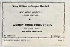 Fort Worth Tx Worthy Music Productions 1970 Advertising Print Ad