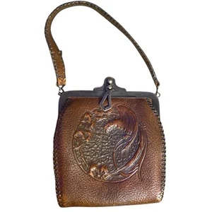 Antiguo Monedero Art Nouveau Floral Pájaro del Paraíso Tooled Cuero Marrón JEMCO - Imagen 1 de 8