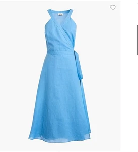 J. Crew Linen Wrap Dress Sz M Midi Blue Lined Open Front V-neck Sleeveless Belt - Picture 1 of 17