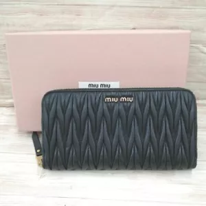 Auth Miu Miu Logos Matelasse Leather Long Wallet Purse Black Box included - Picture 1 of 12