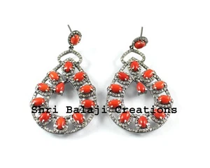 Natural Rosecut Diamond & Red Coral Gemstone 925 Sterling Silver Earring Jewelry - Picture 1 of 3