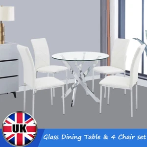 Glass Dining Table and Chairs 4 Set Pu Leather Seat Kitchen Room Furniture UK - Picture 1 of 12