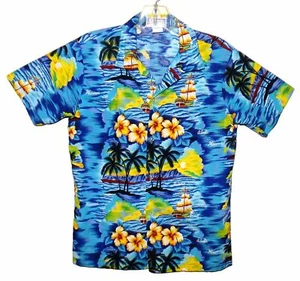 Youth Sz XL Boys KY's Fashion Hawaiian Aloha Shirt Turquoise Multi Floral Cotton - Picture 1 of 3