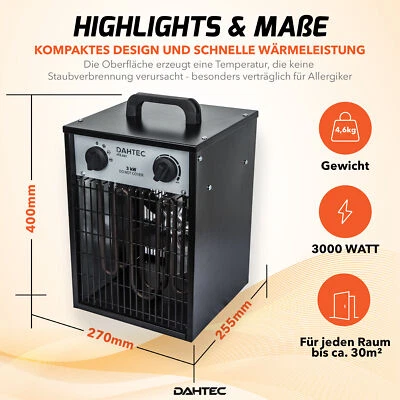 DAHTEC 3000W Elektrischer Heizlüfter 2 Heizstufen -  H3.521 Schwarz - 3KW spar - Bild 1 von 4