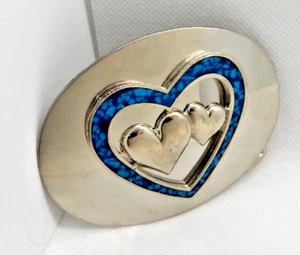 Vintage Ladies Metal Heart Belt Buckle Inlaid Blue Country Western Hippy Trucker - Picture 1 of 11