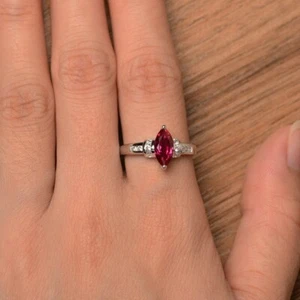 925 Sterling Silver Pink Ruby Ring Lab Created Marquise Gemstone Women Ring - Picture 1 of 5