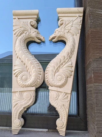 Wooden Corbel/bracket Dragon set. Wall Fireplace decor.  Carved on wood. 25" Cover