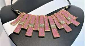 BETSEY JOHNSON JEWELRY GOLD  &PINK CLEAR WITH CRYSTALS & GLITTER BLACK CORD NECK - Picture 1 of 5