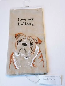 Primitives by Kathy LOVE MY BULLDOG Embroidered Dog Dish Tea Towel BeigeNew NWT - Picture 1 of 9