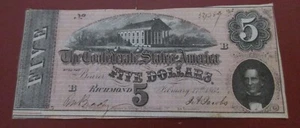 Billete de 5 dólares de 1864 billete CSA Estados Confederados de América Richmond VA - Imagen 1 de 2