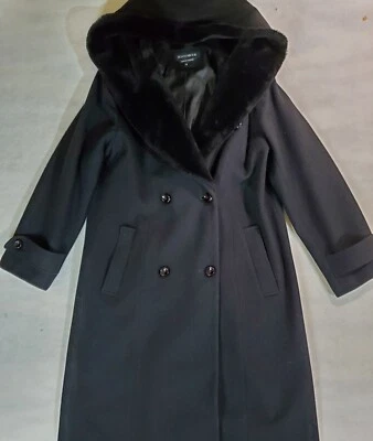 Donny Brook Black Wool Coat With Fur Trimmed Hood Women's Size 8 Double Breasted - Image 1 of 4