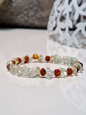 Edel Topas + Bernstein und Swarovski Kristall Perlenarmband Länge 17cm - Bild 1 von 4