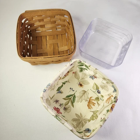 Longaberger 2009 Warm Brown Medium Berry Basket+Hard Protector+Botanical Liner Cover
