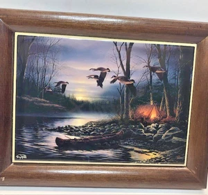 Terry Redlin gerahmte Fliesenkunst "Evening Glow" Kanu Camping Gänse - Bild 1 von 4