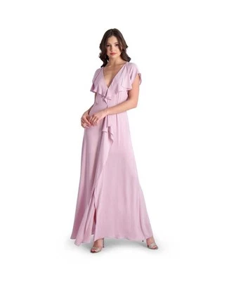 BCBG MAXAZRIA Sz 0 Pink Ruffle Cascade V-Neck Front Slit Gown $298 Bride’s Maid - Image 1 of 4