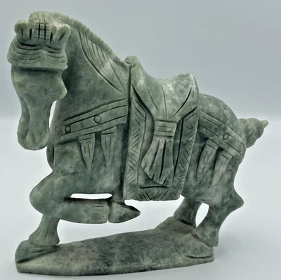 Antique Green Carved Stone Chinese Tang Warrior Horse Good Luck Sculpture - Image 1 of 4