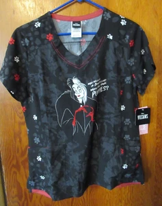 NWT DISNEY VILLAINS WOMENS SCRUB TOP SIZE SMALL V-NECK POCKETS 101 DALMATIONS - Picture 1 of 5