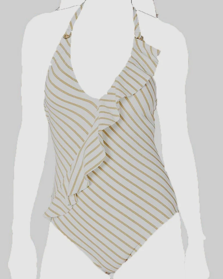Lauren Ralph Lauren Lurex Stripe Halter One Piece Swimsuit Golden/White 14