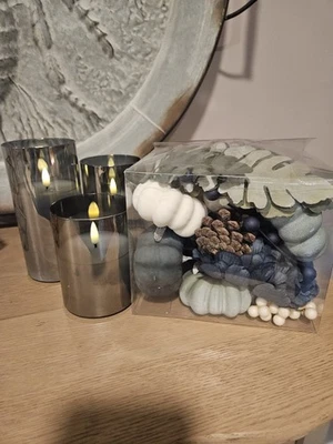 3  Flameless Candles, Navy, White And Light Green Pumpkin, Pine Cone Decorations - Image 1 of 4