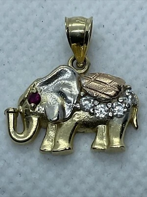 CUTE Solid 14K Tricolor Gold Created Ruby & White CZ ELEPHANT Charm Pendant 2.3g - Image 1 of 4
