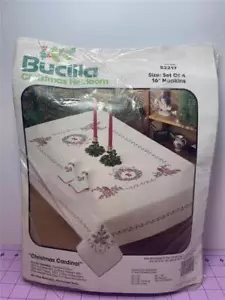 BUCILLA stamped CS CHRISTMAS CARDINAL 8 Napkins & 1 Tablecloth 60" READ LISTING - Picture 1 of 3