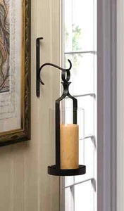 Wall Candle Sconce - Black Wrought Iron Holder with Hanging Glass Lantern - Picture 1 of 11