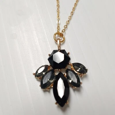 Marquis Round Statement Pendant Necklace Black Smoke Gold Tone Rhinestone Lucite - Image 1 of 4