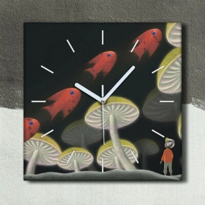 Wanduhr Bürouhr Leinwand Bild 30x30 Malerei Fantasie Surrealistische Fische - Bild 1 von 4