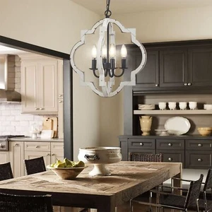 Rustic Wood Pendant Light Fixture Farmhouse Chandelier White Dining Room Kitchen - Picture 1 of 15