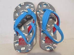 Reef Little Ahi Boys Flip Flops Blue Gray Sharks Thong Sandal Back Strap Sz 9/10 - Picture 1 of 5