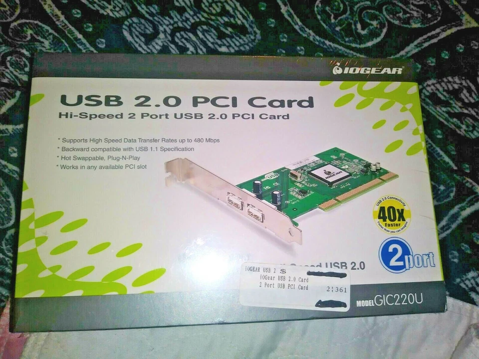 IOGEAR HI-SPEED 2 PORT USB 2.0 PCI CARD FOR MAC & PC 40x FASTER OPEN BOX - Image 1 of 4