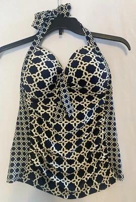 Top de natación Merona para mujer Tankini halter geométrico azul marino blanco talla grande Foto 1 de 4