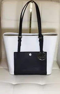 Jet Set Tote Bag Small Snap Pocket Travel Work White Black Leather Michael Kors - Picture 1 of 13