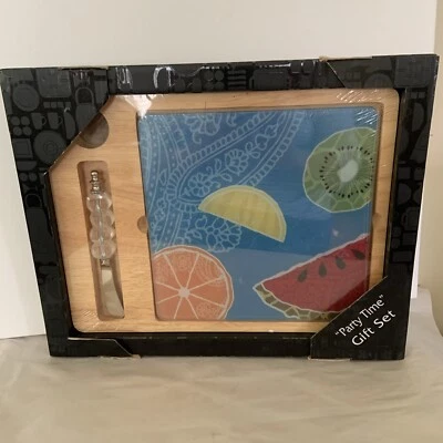 Party Time Gift Set by Cypress Home Wooden Tray Glass Cutting Board Spreader NIB - Image 1 of 4