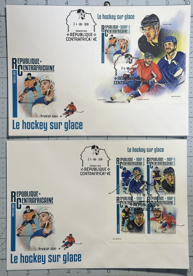 Central Africa 2019 (2 Large FDC) “ice Hockey, Connor McDavid, Kucherov, Malkin” - Image 1 of 1
