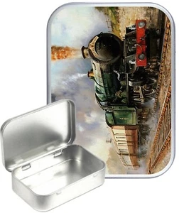 Steam Train 30ml Small Silver Hinged Tin, Pill Box, Pocket Tin, Craft Tin Box - Picture 1 of 1