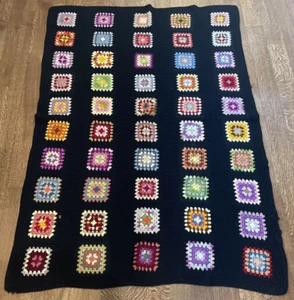 Granny Square Black Afghan Crochet Throw Blanket 45x65 Roseanne VTG Handmade USA - Picture 1 of 8