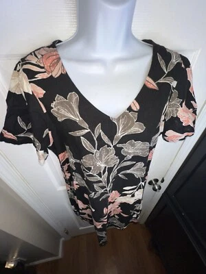 Nicole Miller Women’s Large Linen Ruffle Floral Black Pink White Shift Dress L - Image 1 of 4