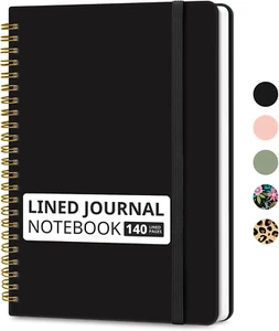 Lined Spiral Journal Notebook A5, 140 Pages College Ruled Hardcover, Black - Picture 1 of 11