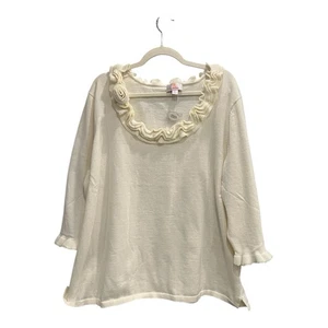Quacker Factory Womens Sweater Ruffled Sequin Neckline Ivory 100% Cotton 3X - Picture 1 of 5