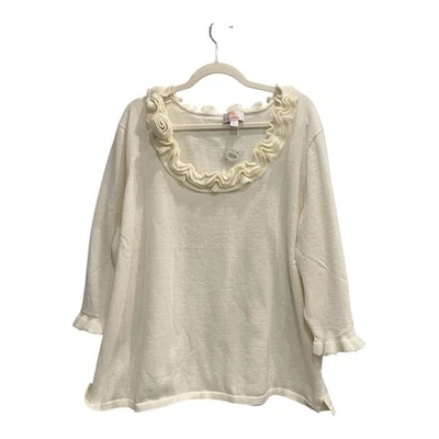Quacker Factory Womens Sweater Ruffled Sequin Neckline Ivory 100% Cotton 3X - Image 1 of 4