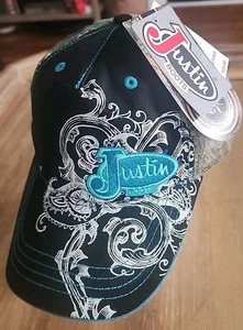 Justin Boots Embroidered Rim Adjustable Baseball Hat Women New Black Camouflage - Picture 1 of 7