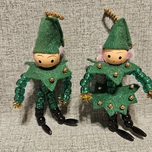 Vtge Handmade Bead & Wire Green Pixie Elves Ornaments Folk Tramp Art Boy & Girl - Picture 1 of 8