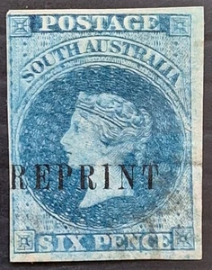 1884- South Australia 6d Blue Imperf 1st S/face stamp  WMK Crn/SA NO GUM REPRINT - Picture 1 of 2