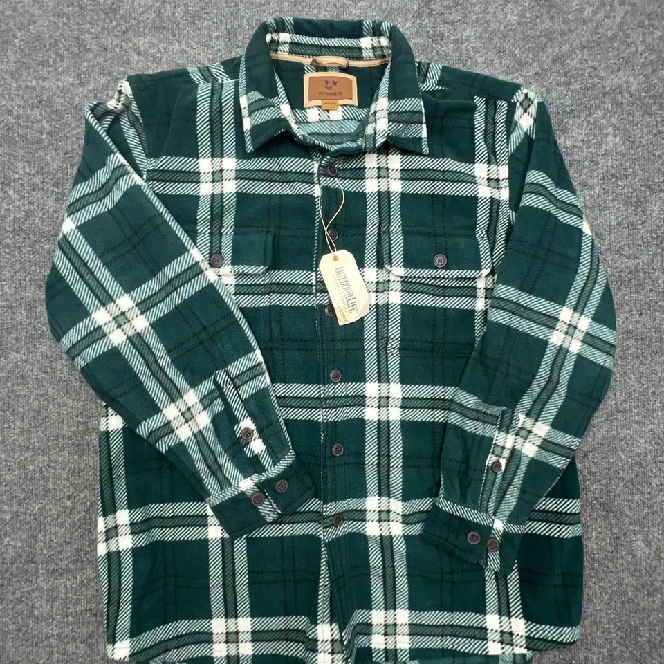 NWT OUTDOOR LIFE Polar Fleece Shirt Jacket Shacket Mens 2XL XXL Green Plaid NEW - Image 1 of 4